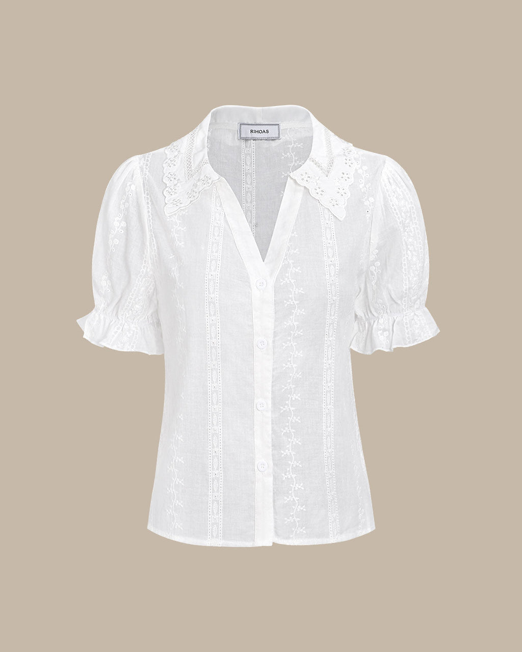 Blusa de algodón blanca con cuello y bordado de encaje para mujer