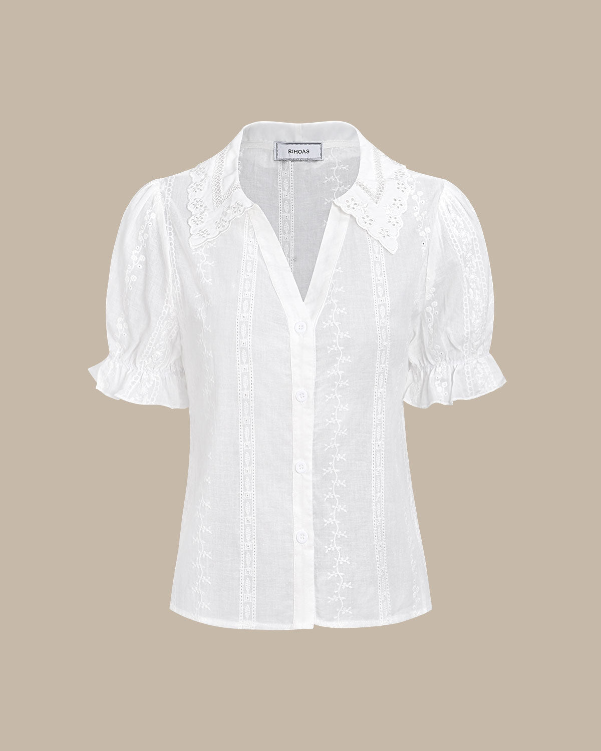 Blusa de algodón blanca con cuello y bordado de encaje para mujer