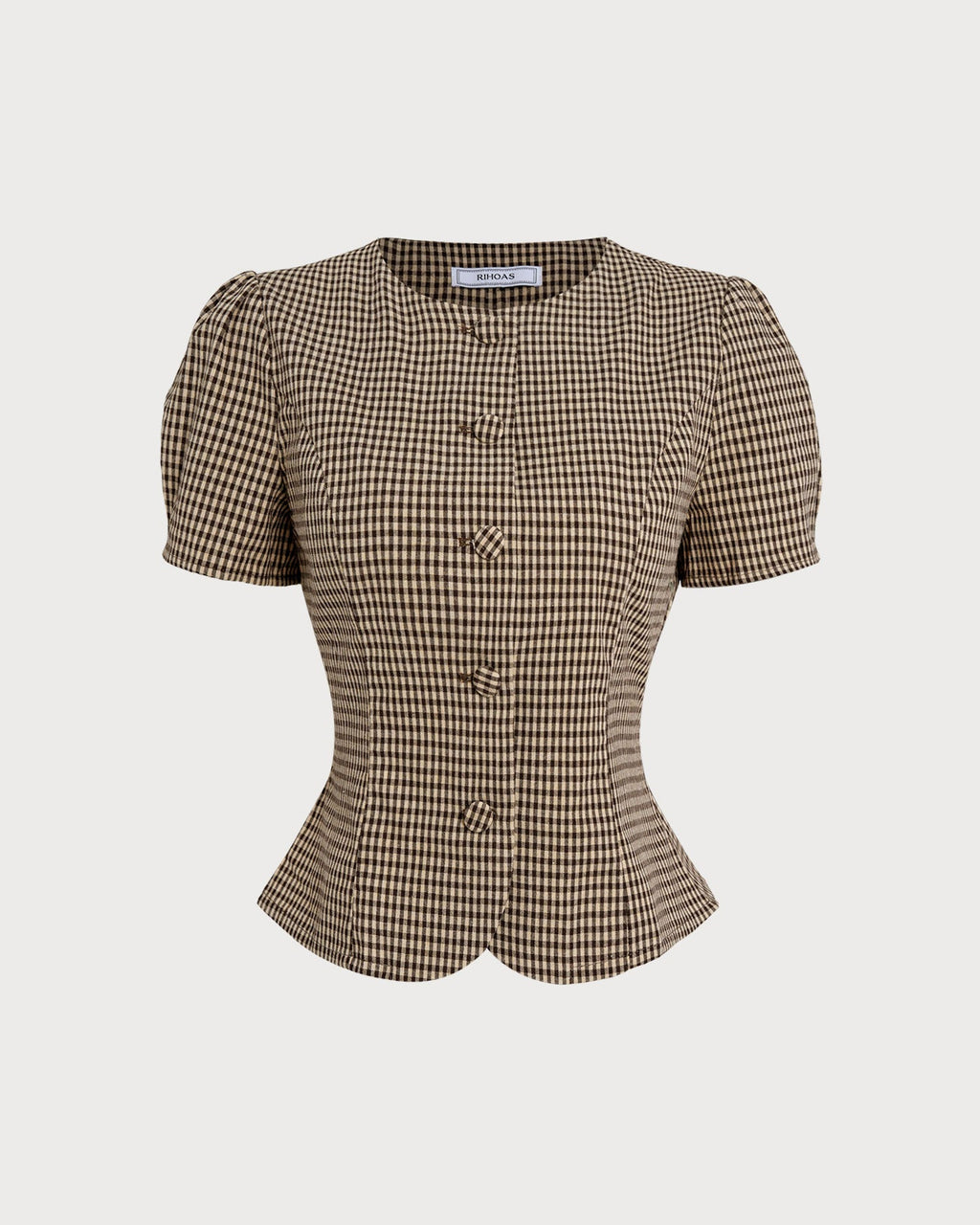 Blusa de manga abullonada a cuadros marrones