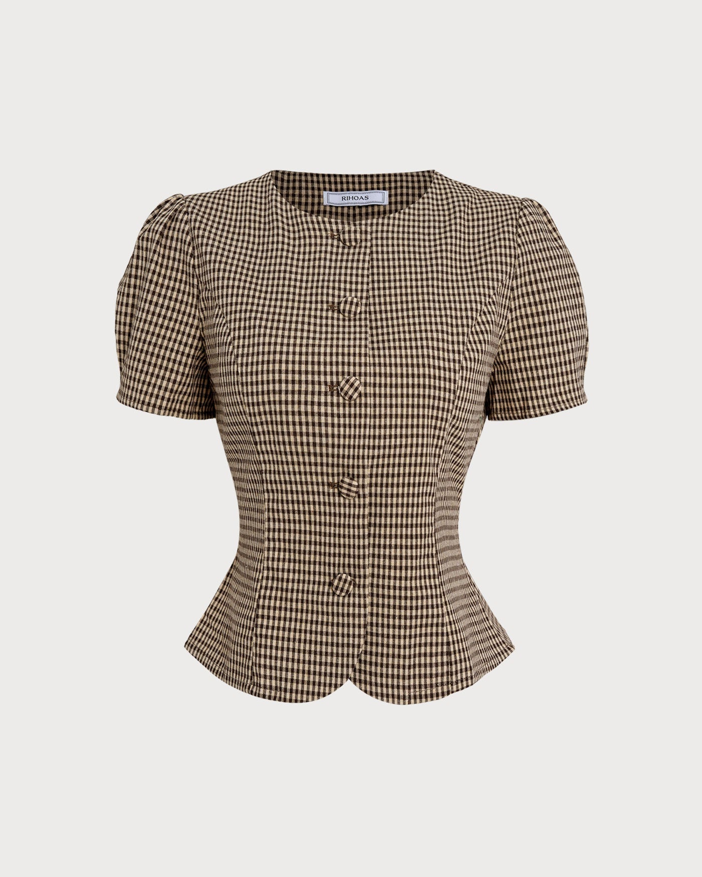 Blusa de manga abullonada a cuadros marrones