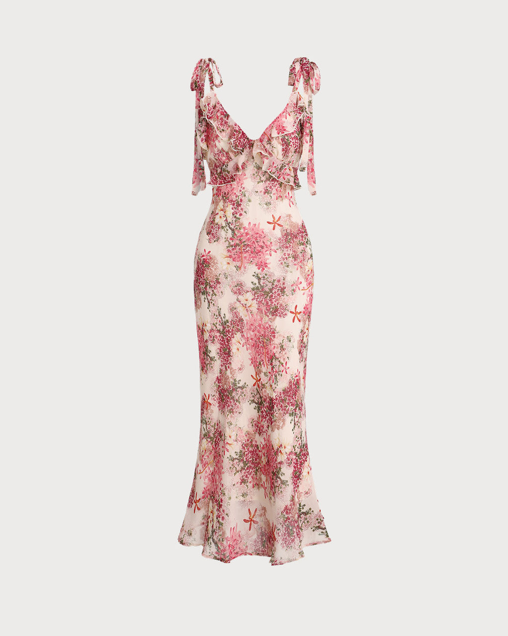 Vestido midi rosa floral con volantes y tirantes anudables