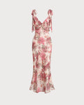 Vestido midi rosa floral con volantes y tirantes anudables