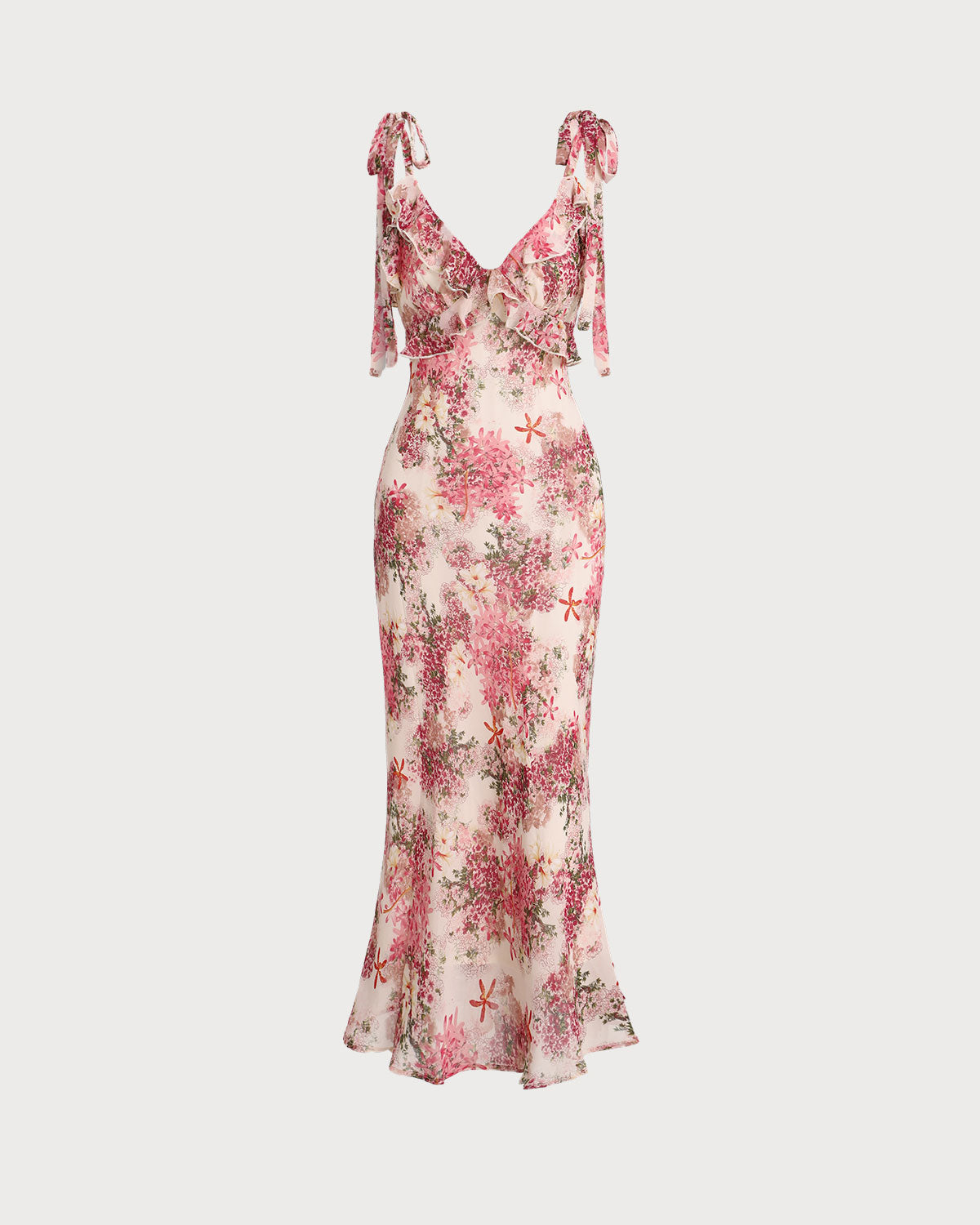 Vestido midi rosa floral con volantes y tirantes anudables