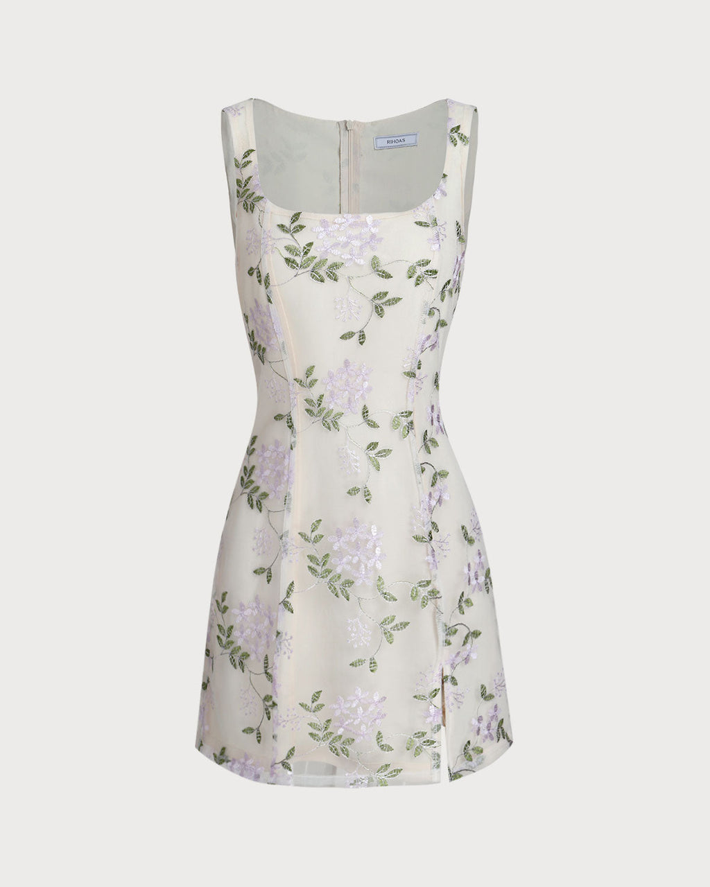 Beige Square Neck Embroidery Slit Slip Mini Dress