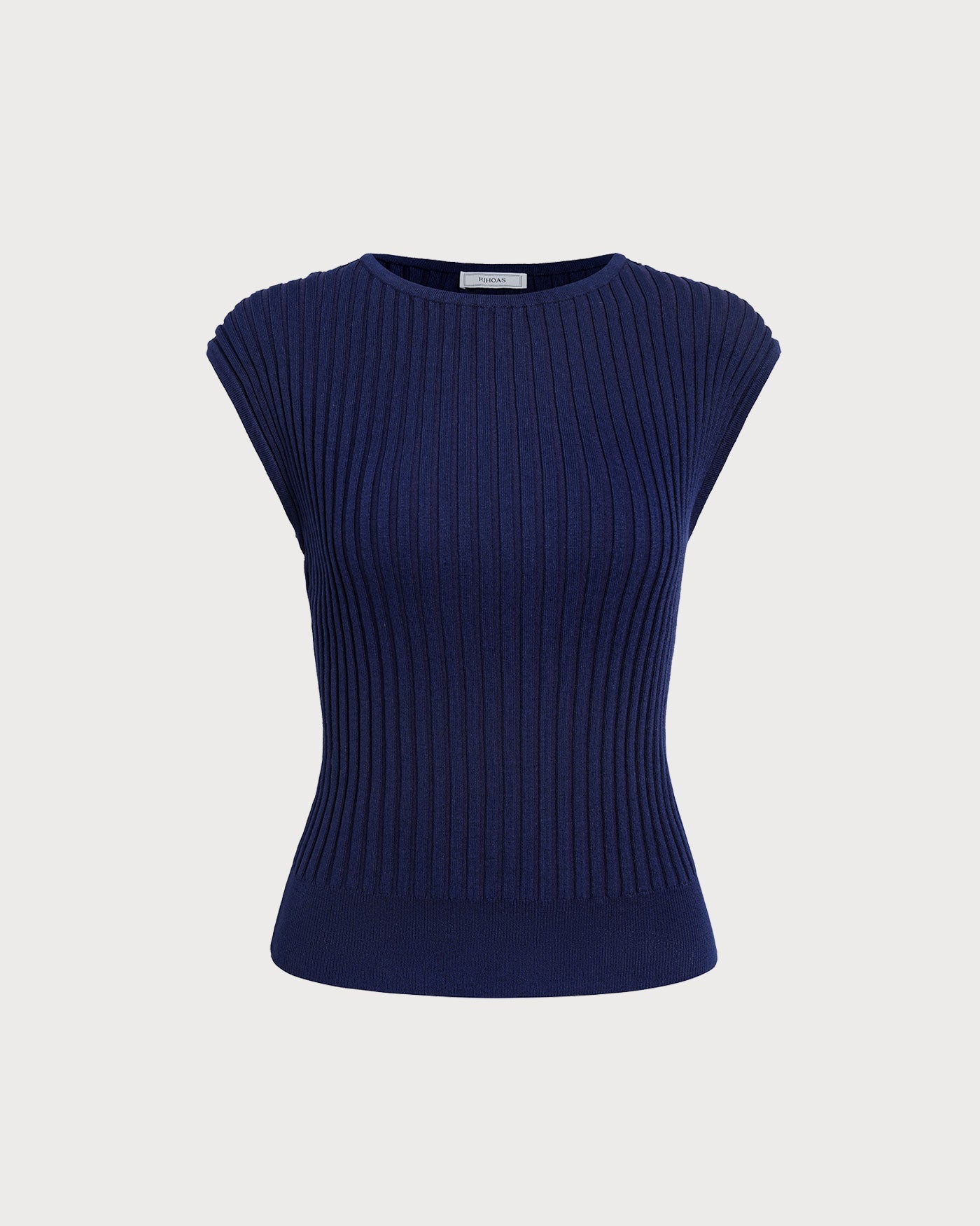 Camiseta de punto acanalada de manga corta y cuello redondo azul