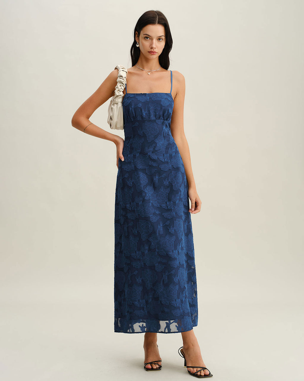 Vestido maxi sin espalda de jacquard azul marino