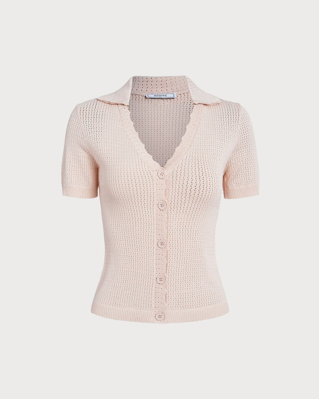 Camiseta de punto pointelle con cuello de pico y botones en color nude