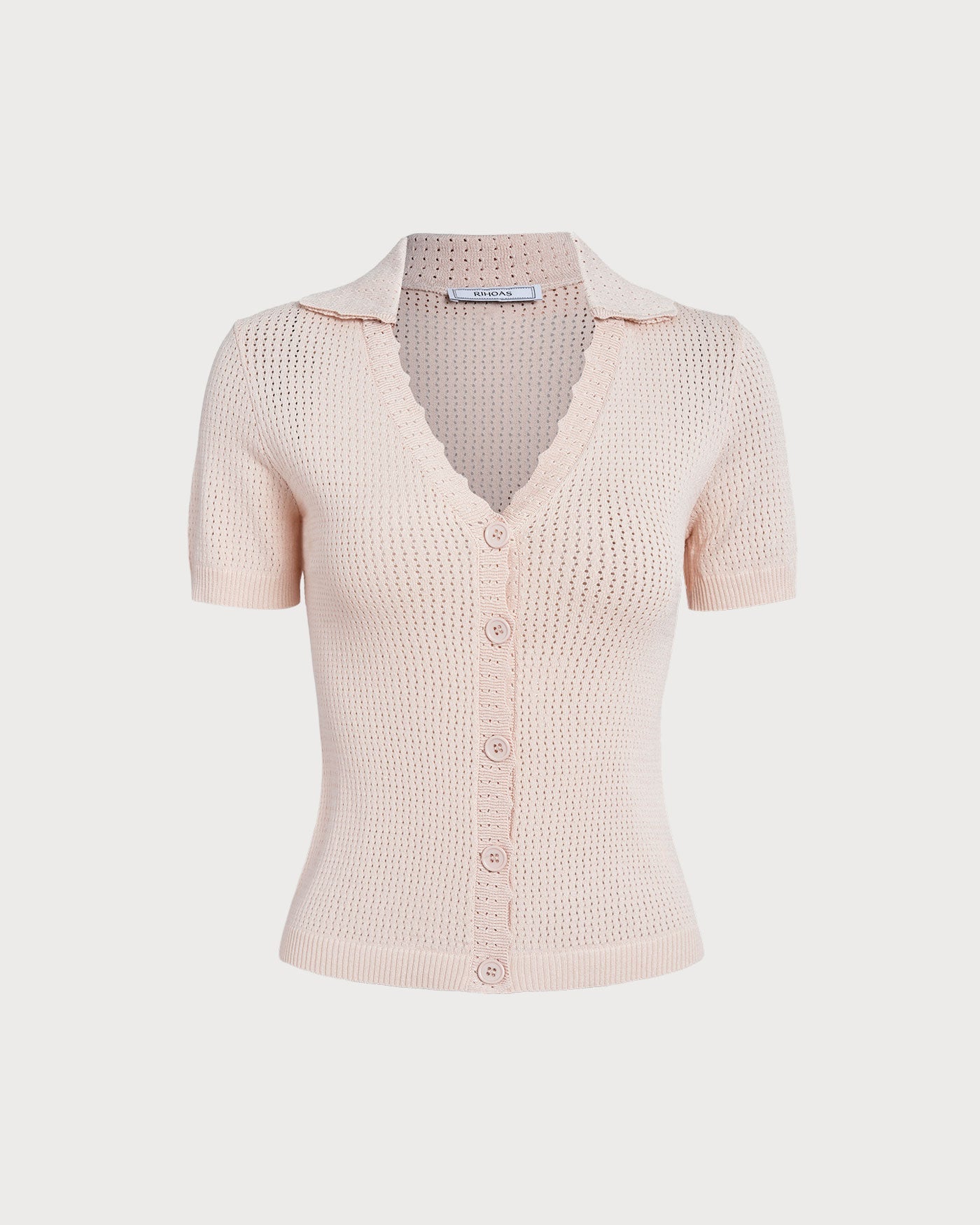 Camiseta de punto pointelle con cuello de pico y botones en color nude