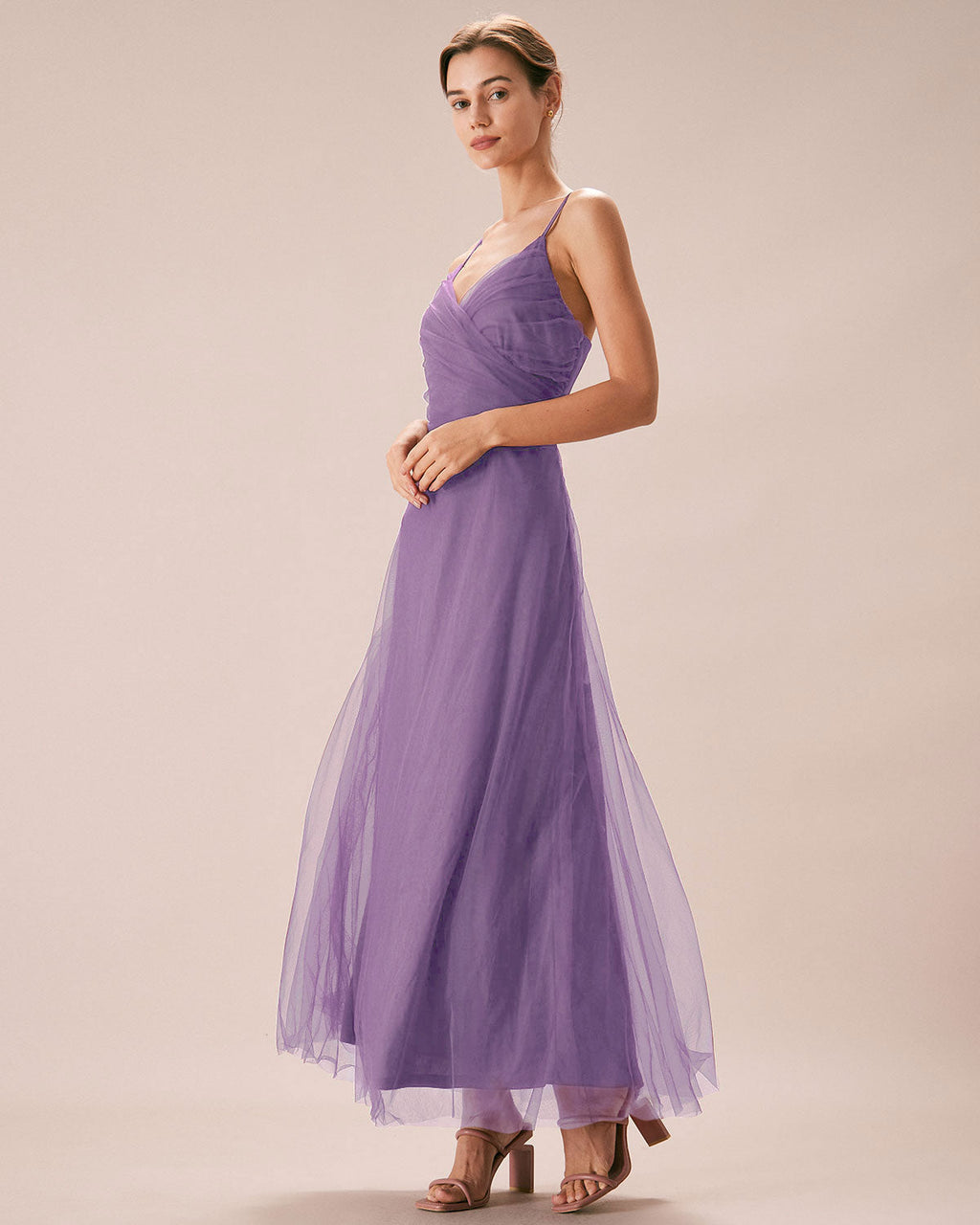 Vestido largo de rejilla fruncido en color morado