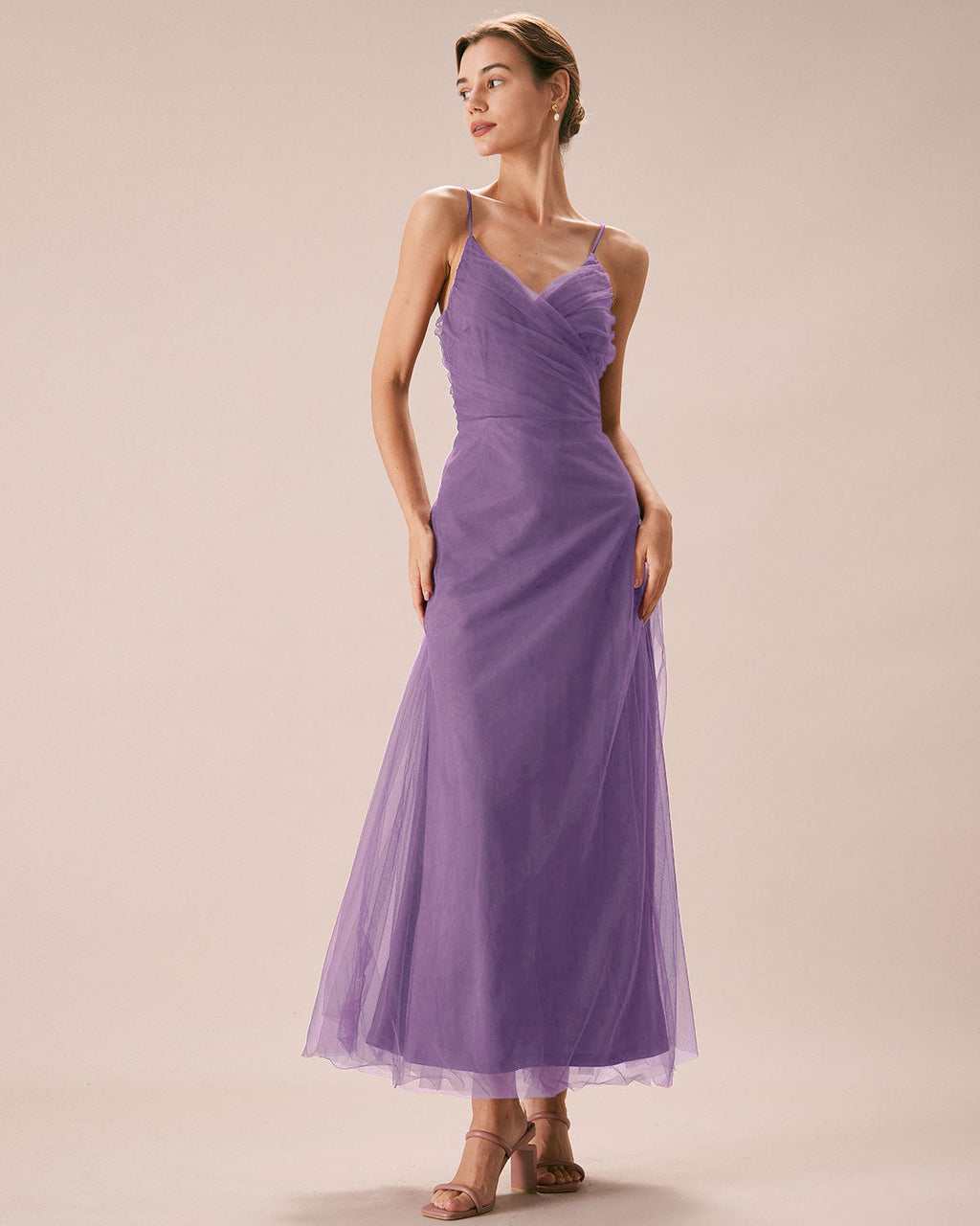 Vestido largo de rejilla fruncido en color morado