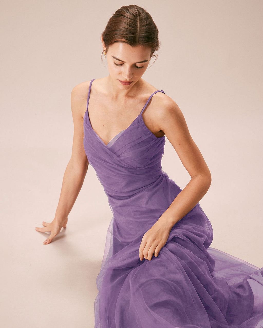 Vestido largo de rejilla fruncido en color morado