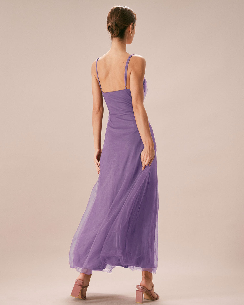 Vestido largo de rejilla fruncido en color morado