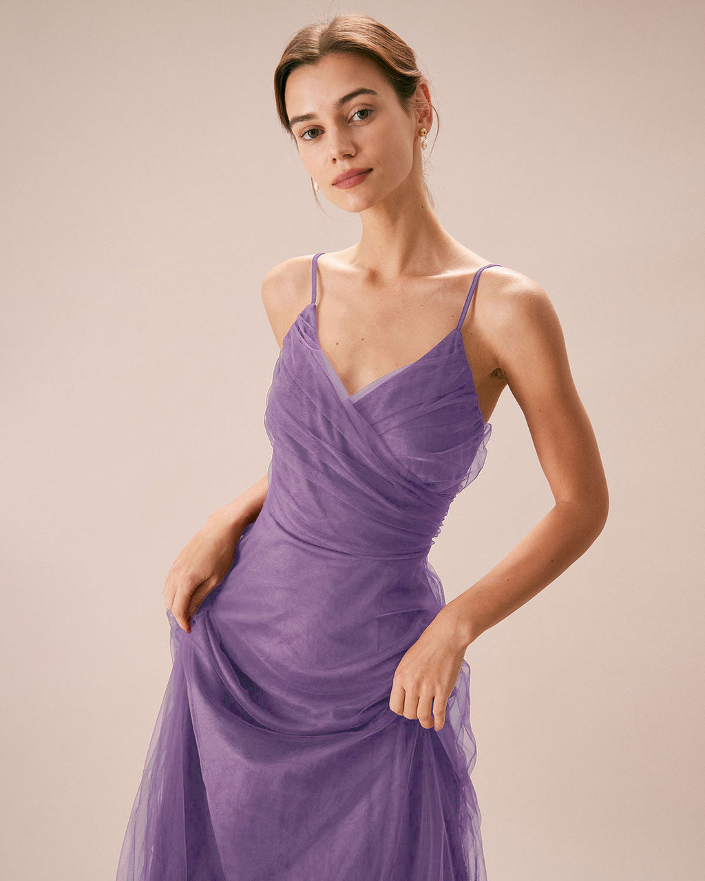 Vestido largo de rejilla fruncido en color morado