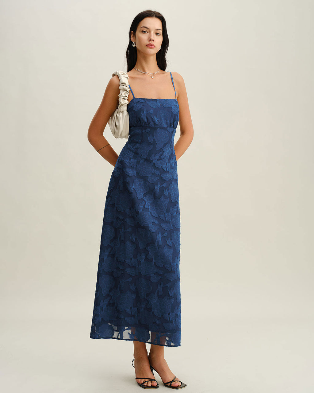 Vestido maxi sin espalda de jacquard azul marino