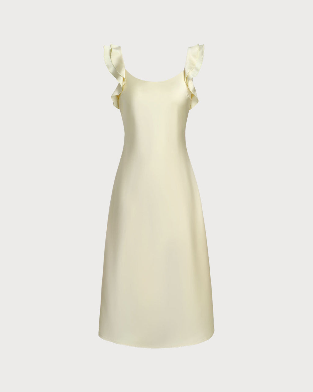 Vestido midi de satén amarillo con volantes y escote cuadrado