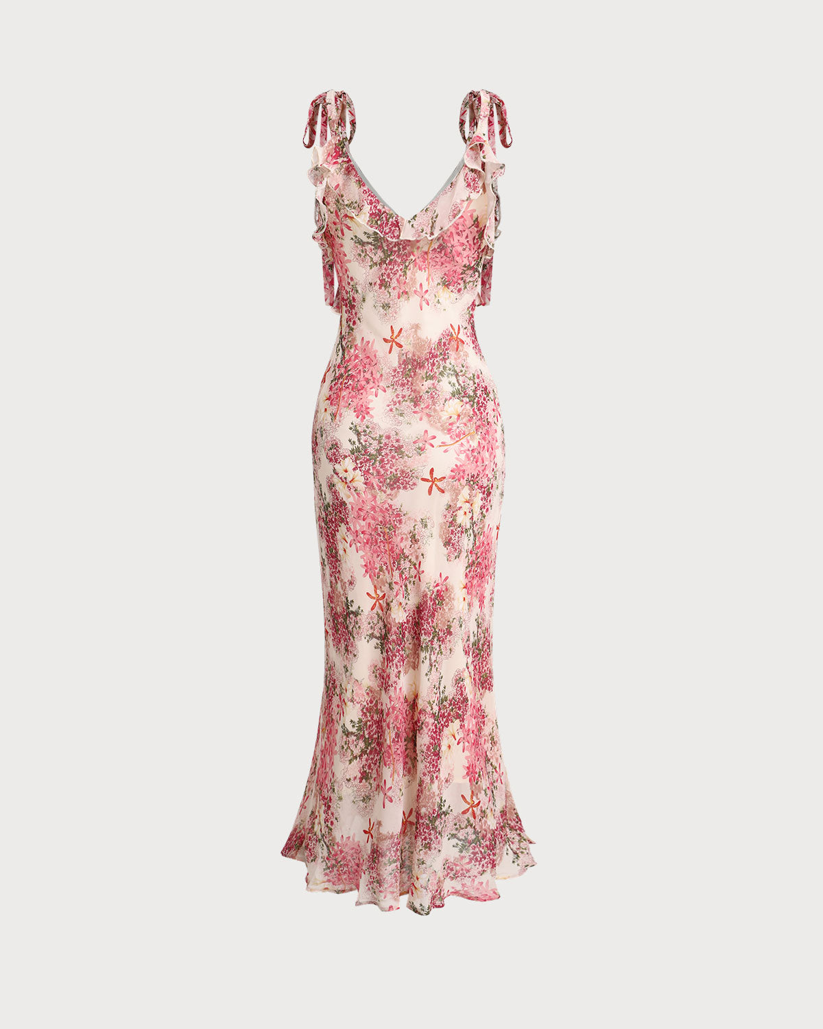 Vestido midi rosa floral con volantes y tirantes anudables