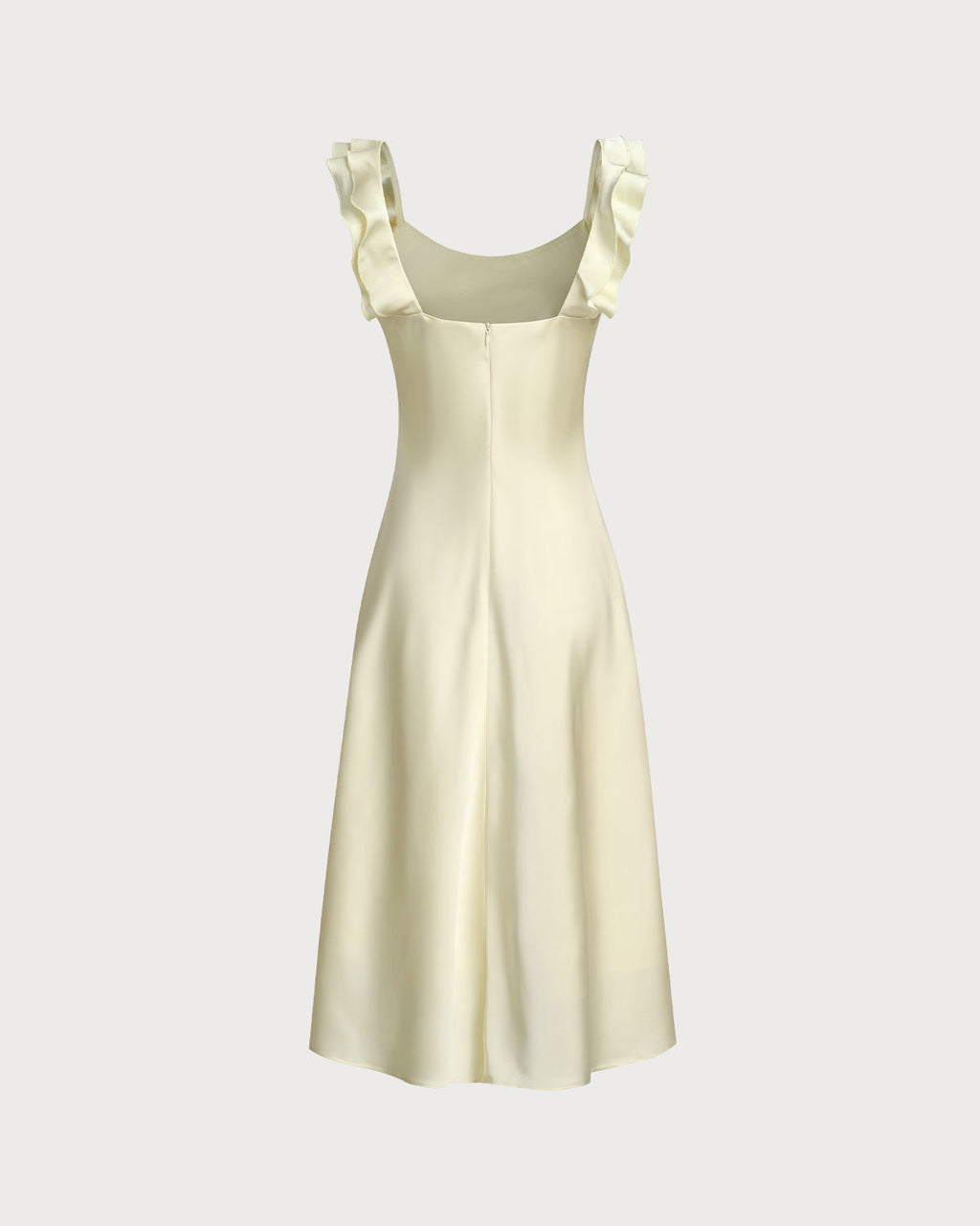 Vestido midi de satén amarillo con volantes y escote cuadrado