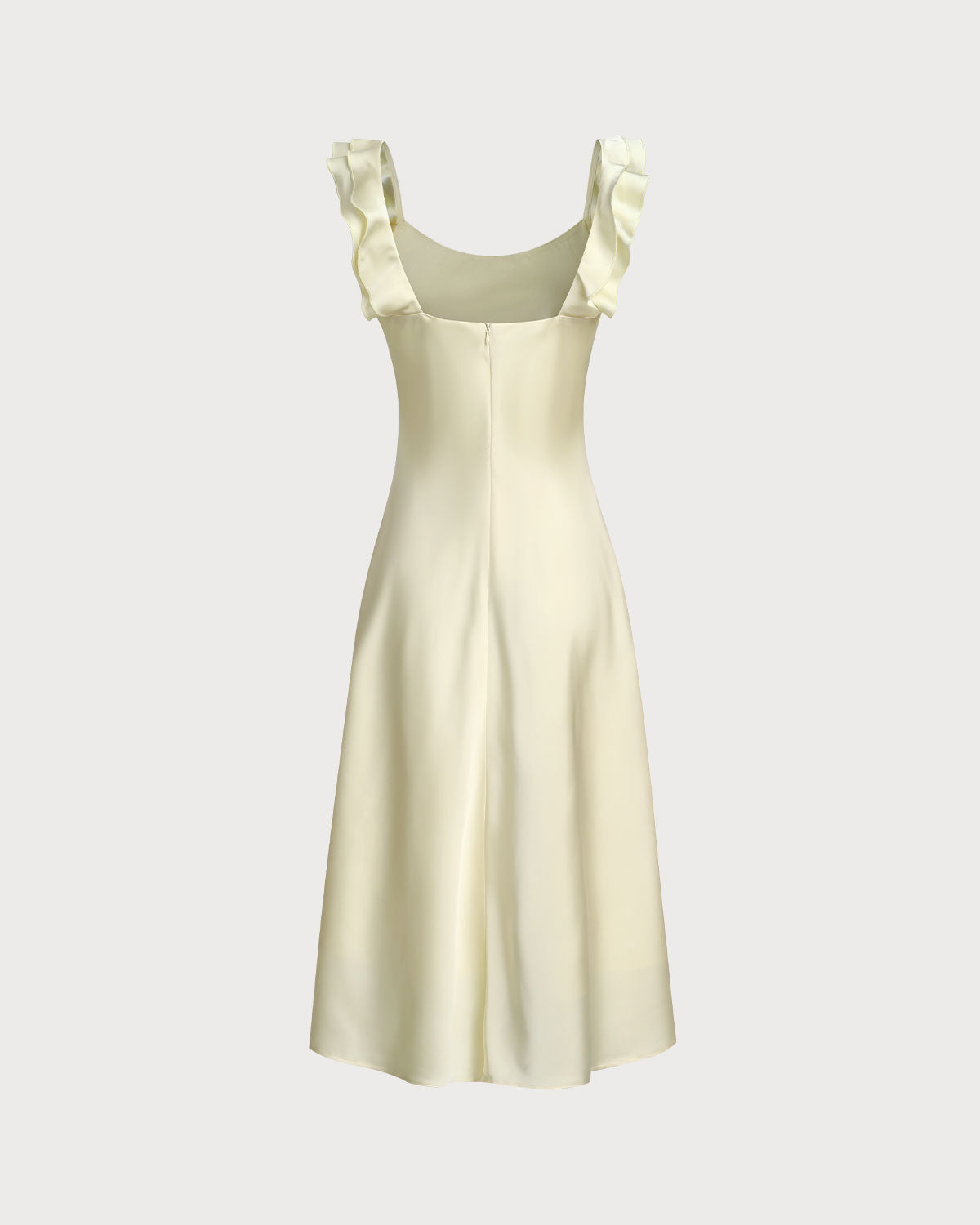 Vestido midi de satén amarillo con volantes y escote cuadrado