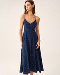 Vestido lencero midi fruncido de lunares azul marino