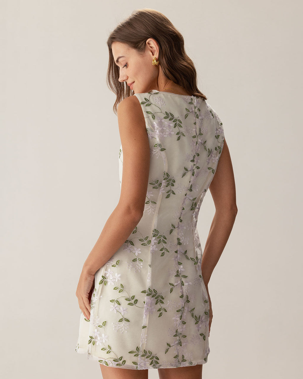 Beige Square Neck Embroidery Slit Slip Mini Dress