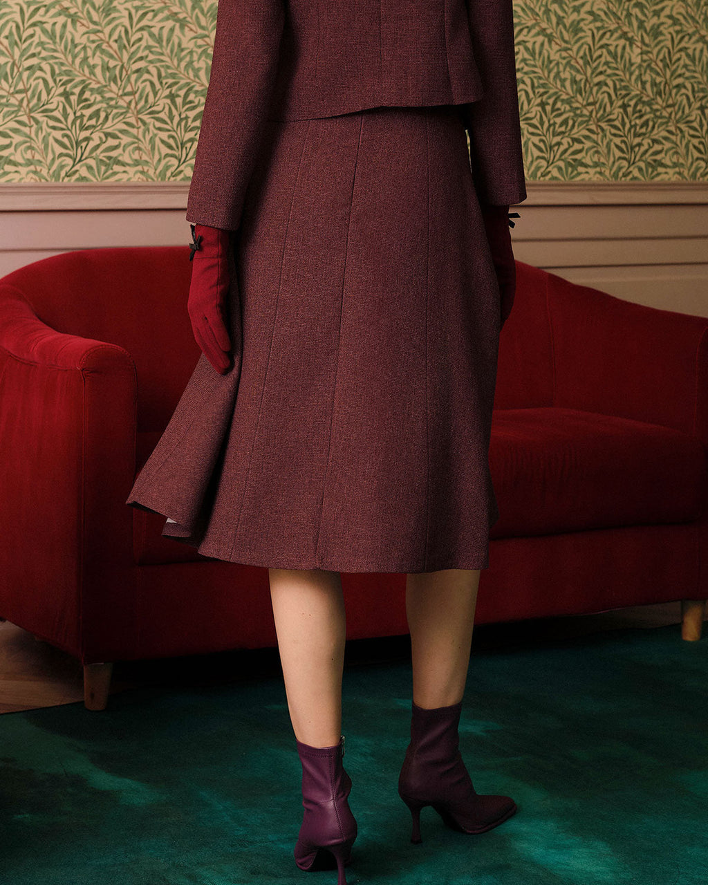Falda de tweed de tiro alto granate