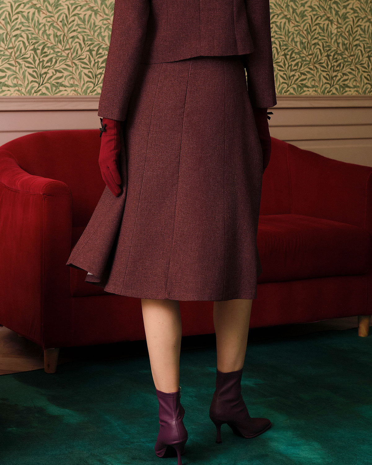 Falda de tweed de tiro alto granate