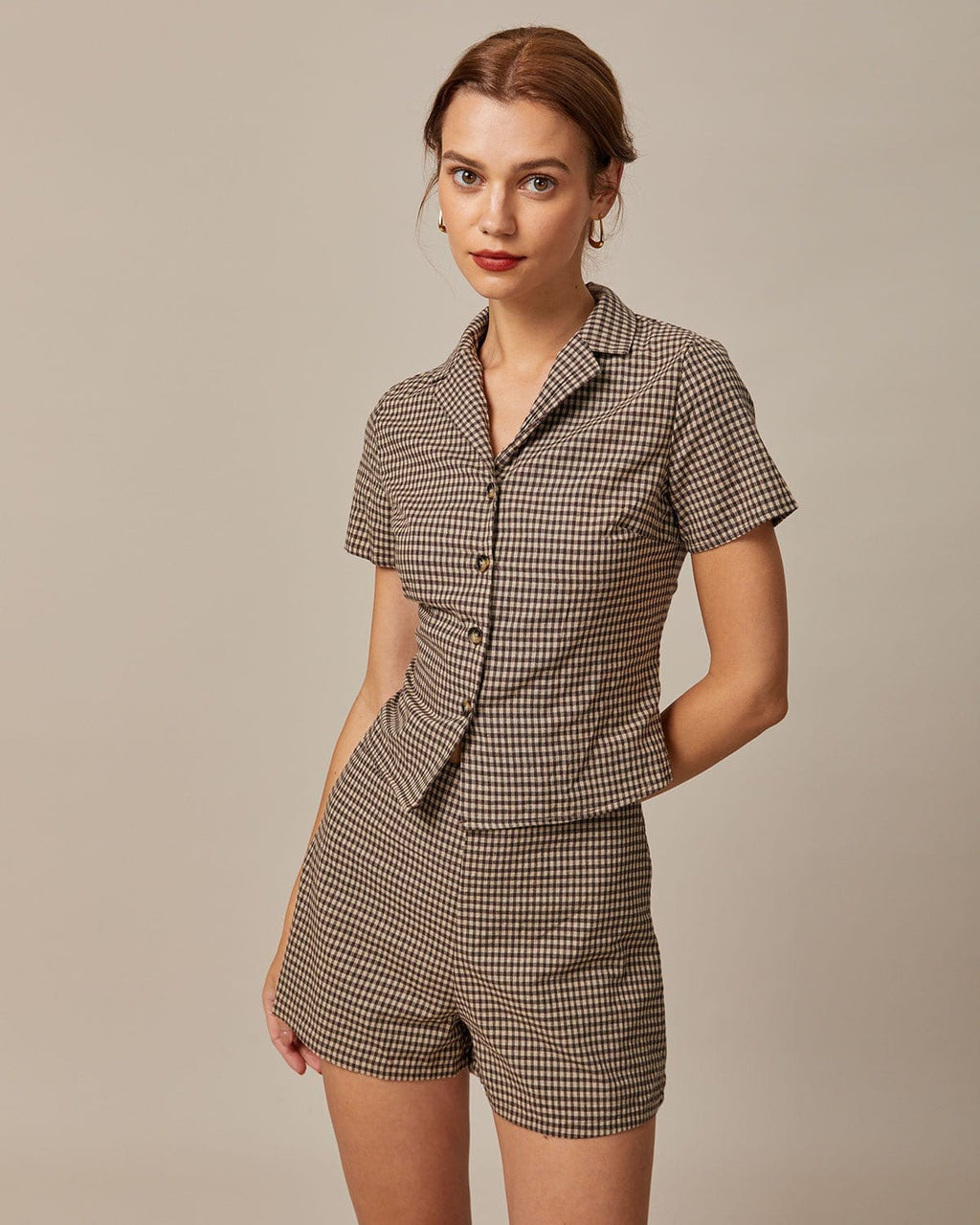 The Brown Lapel Gingham Short Sleeve Blouse