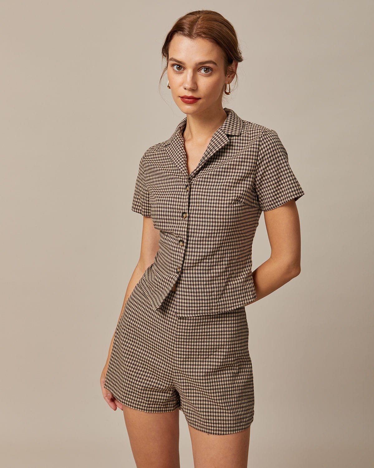The Brown Lapel Gingham Short Sleeve Blouse