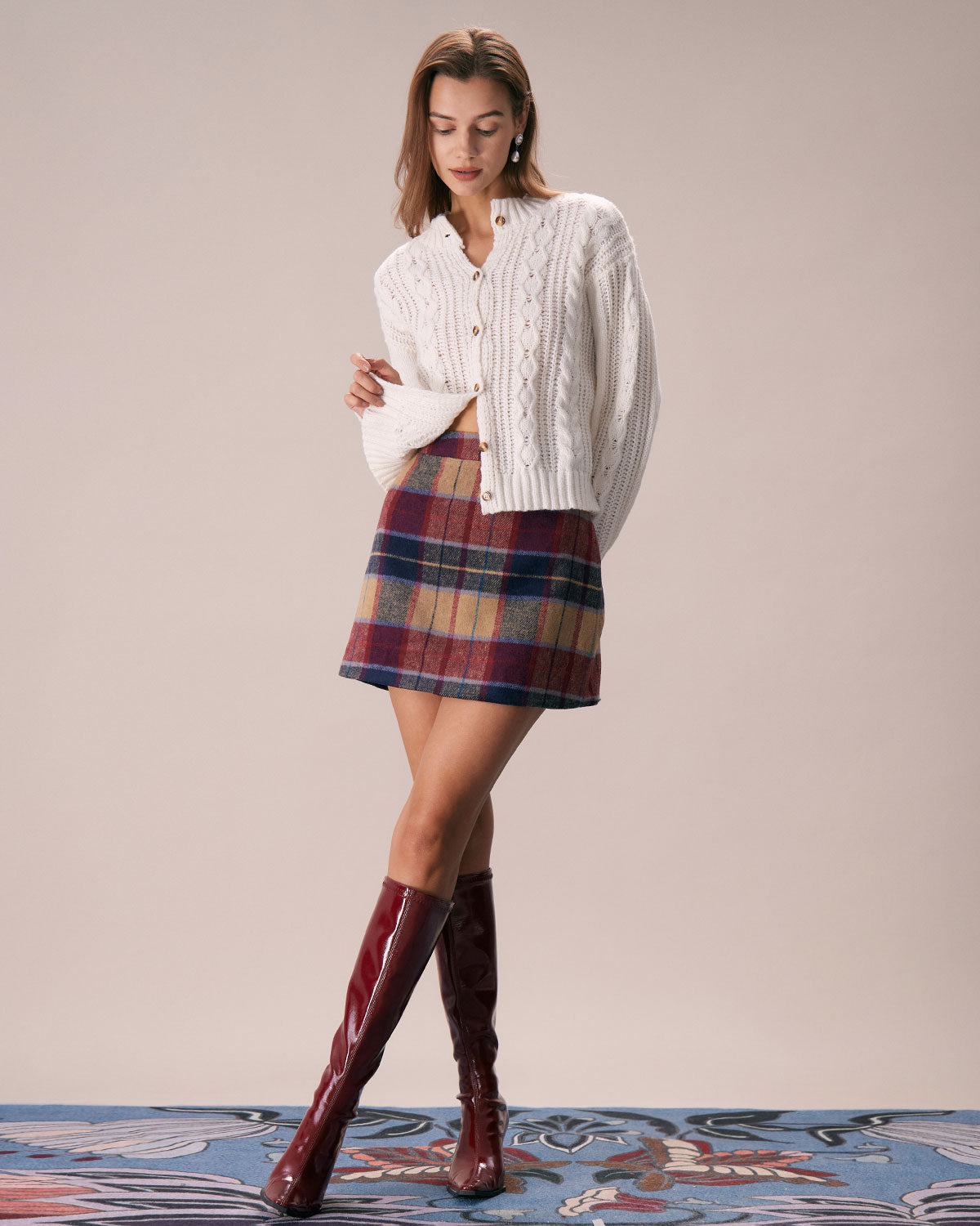Minifalda de tweed a cuadros rojos con cremallera
