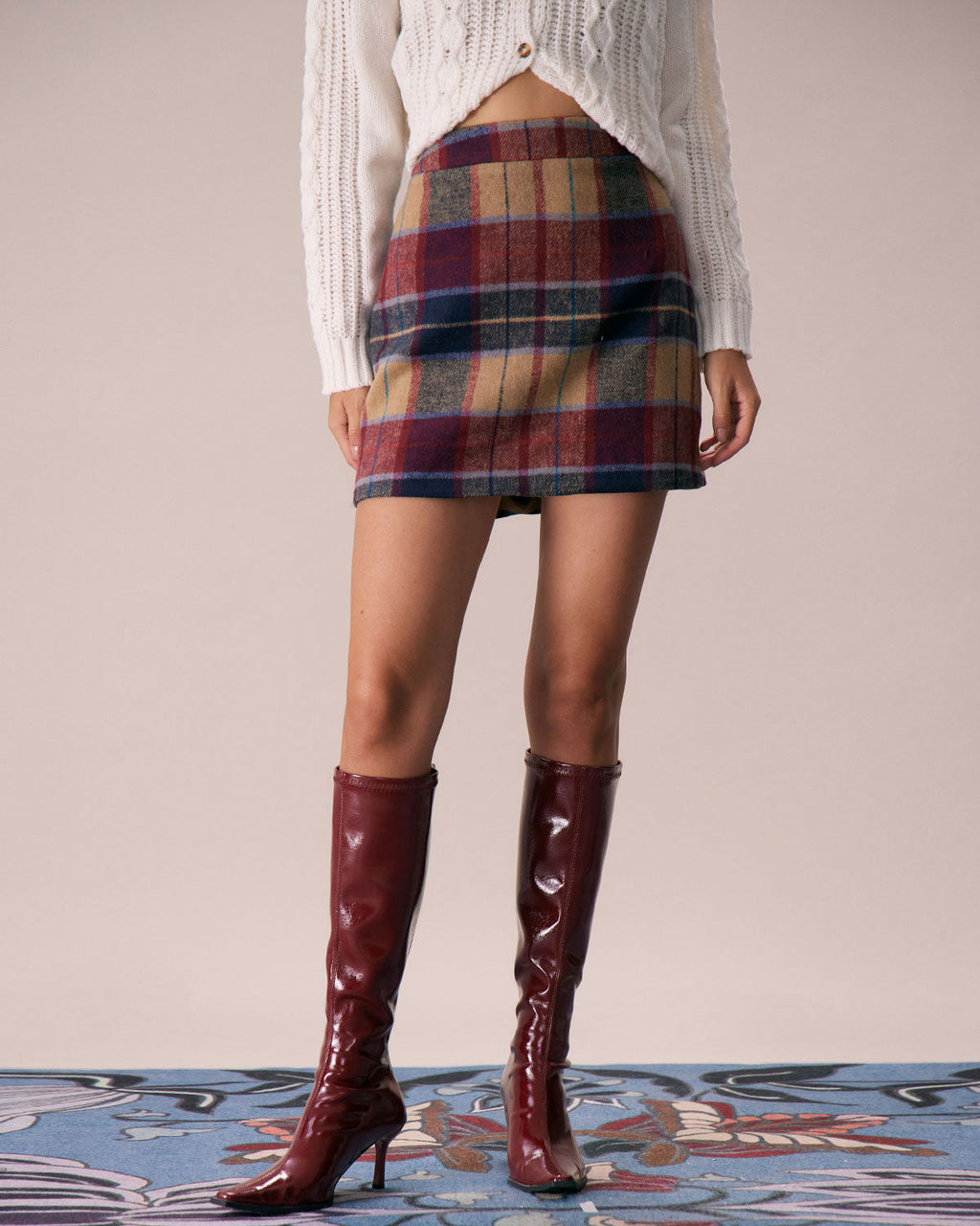 Minifalda de tweed a cuadros rojos con cremallera