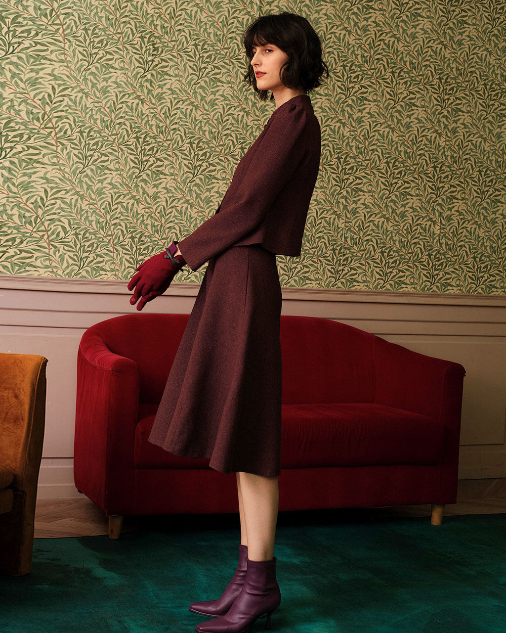 Falda de tweed de tiro alto granate