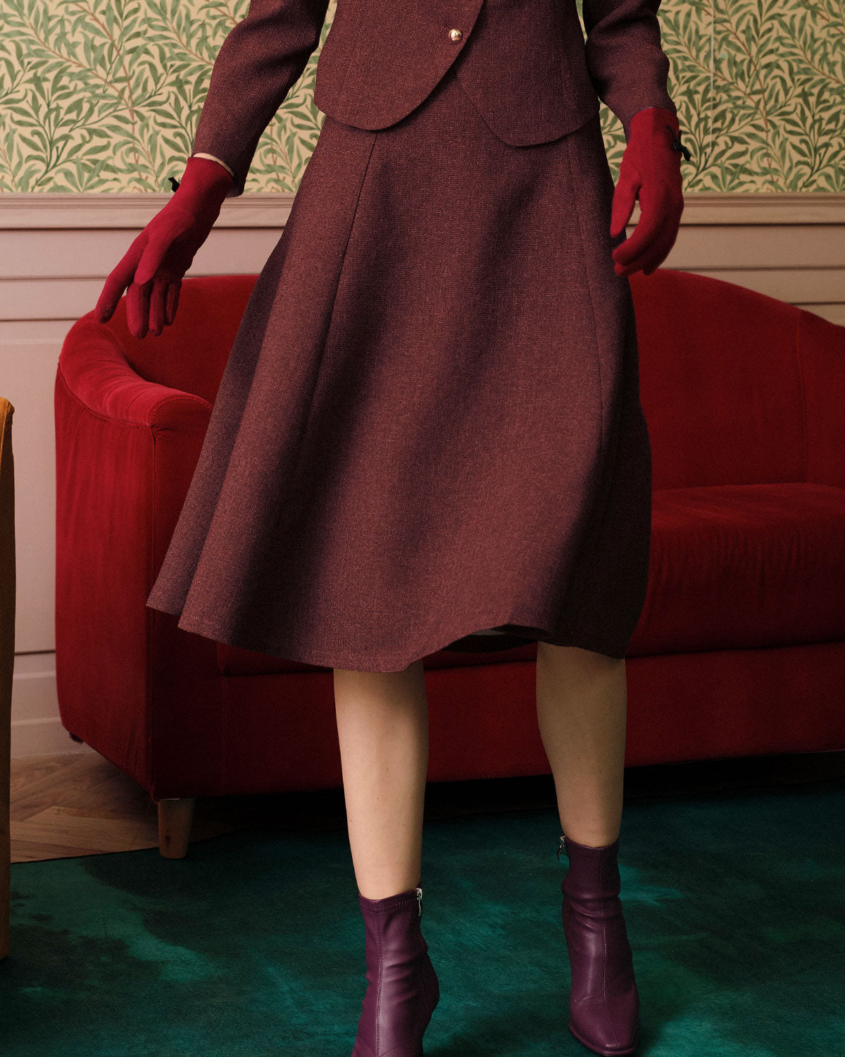 Falda de tweed de tiro alto granate