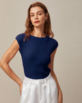 Camiseta de punto acanalada de manga corta y cuello redondo azul