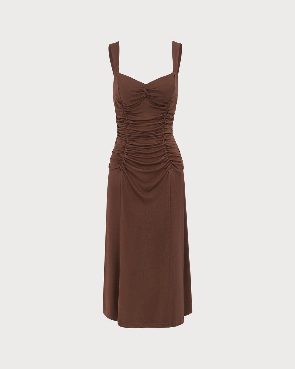 Vestido midi de punto fruncido estilo lencero color café para mujer