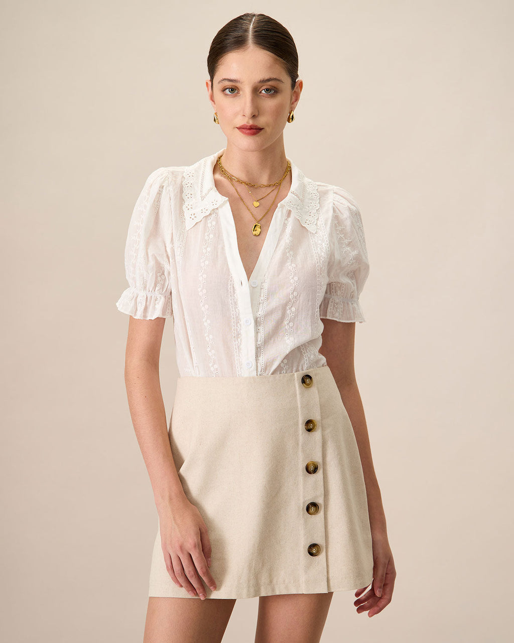 Blusa de algodón blanca con cuello y bordado de encaje para mujer