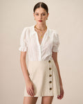 Blusa de algodón blanca con cuello y bordado de encaje para mujer
