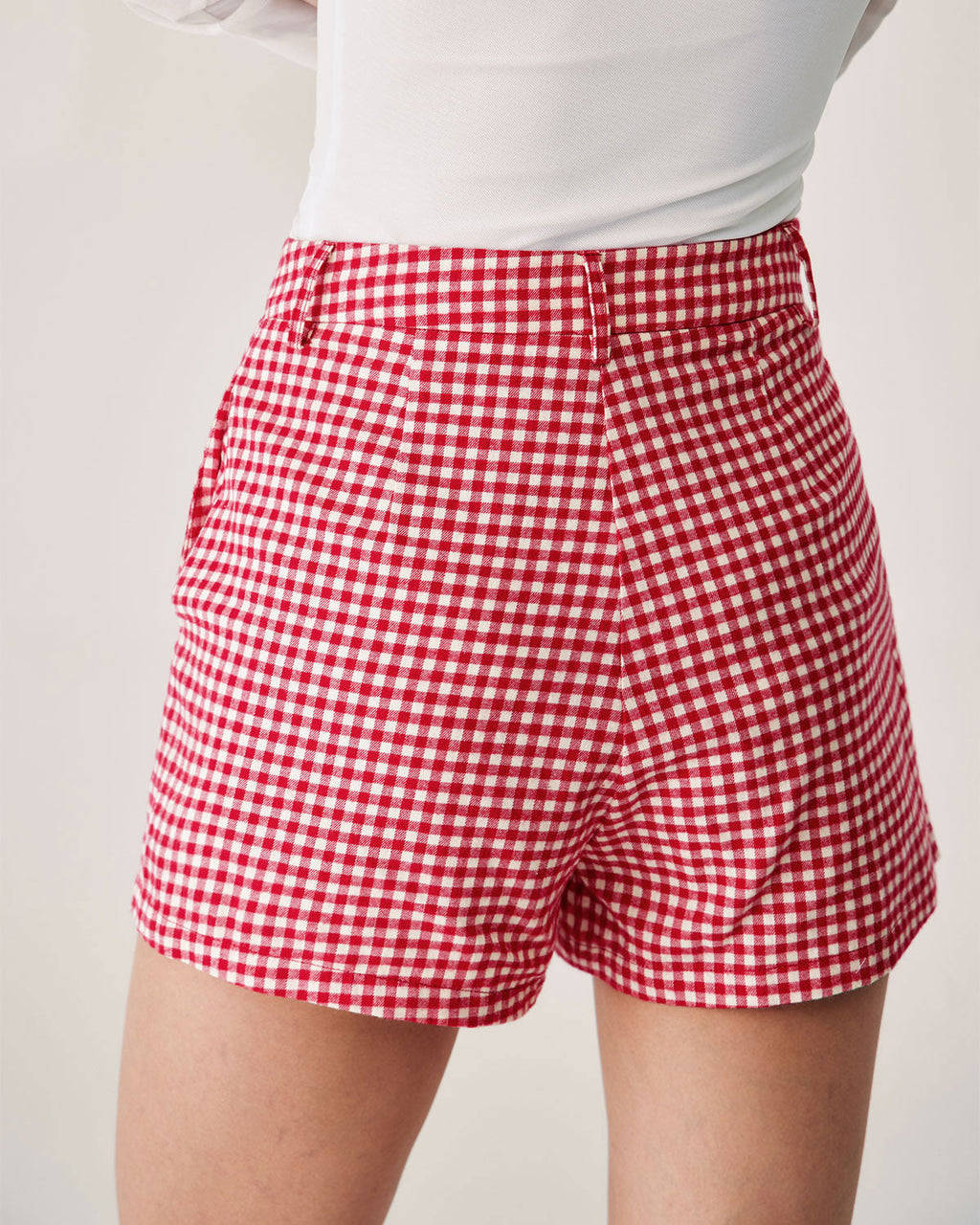 Pantalones cortos de cuadros rojos de cintura alta con bolsillos