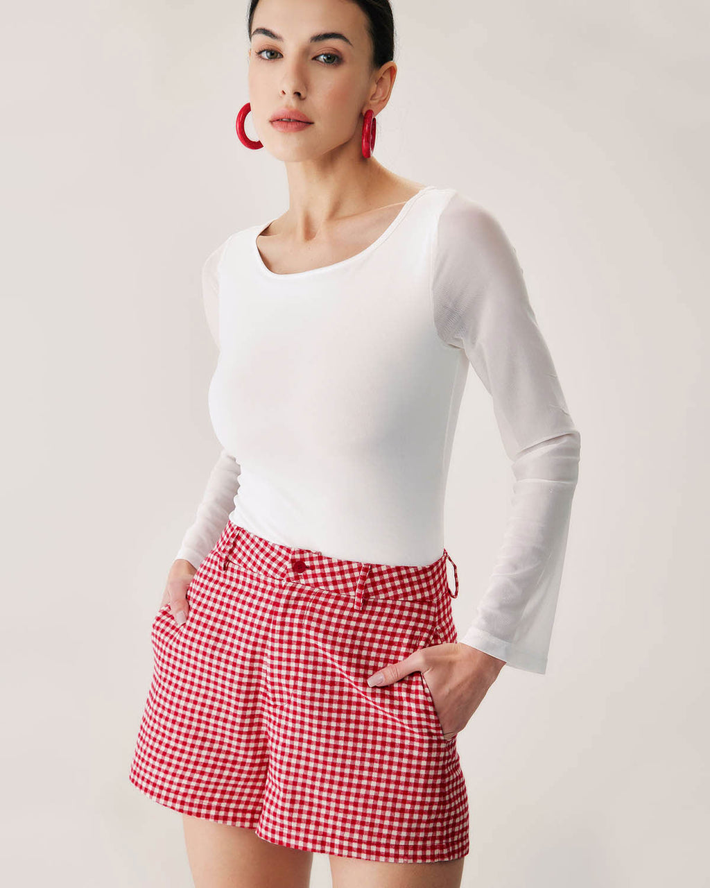 Pantalones cortos de cuadros rojos de cintura alta con bolsillos