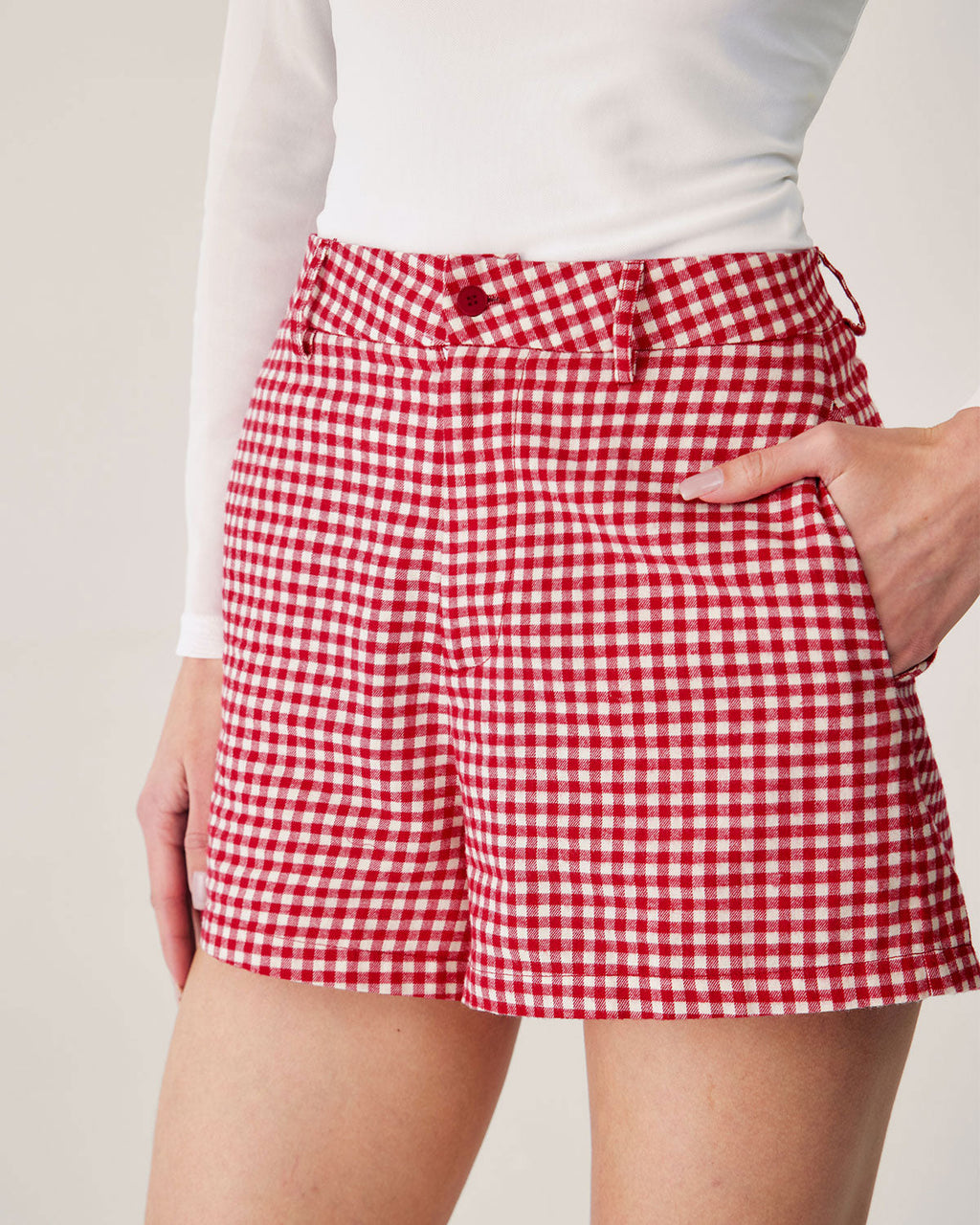 Pantalones cortos de cuadros rojos de cintura alta con bolsillos