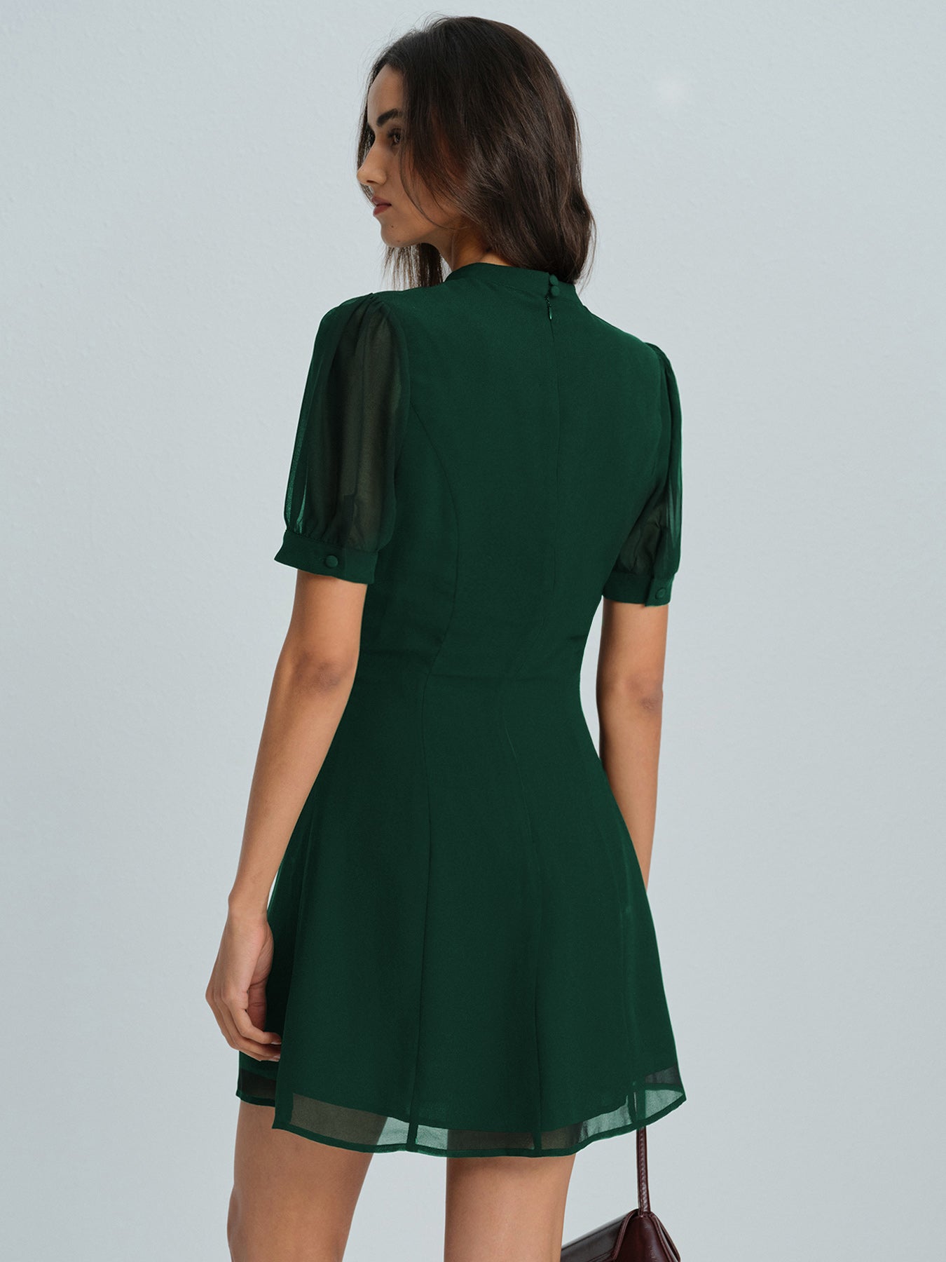 Green Chiffon Mock Neck Mini Dress