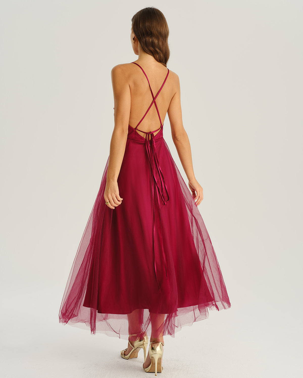 Wine Red Mesh Flowy Slip Midi Dress