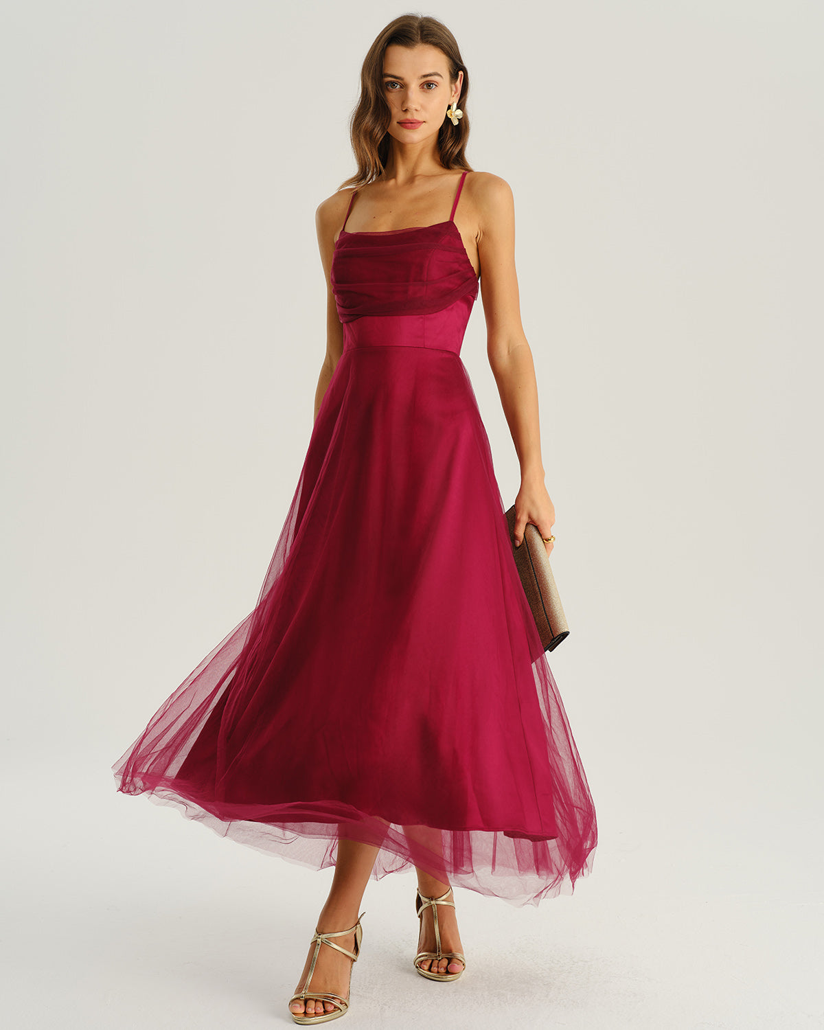 Wine Red Mesh Flowy Slip Midi Dress