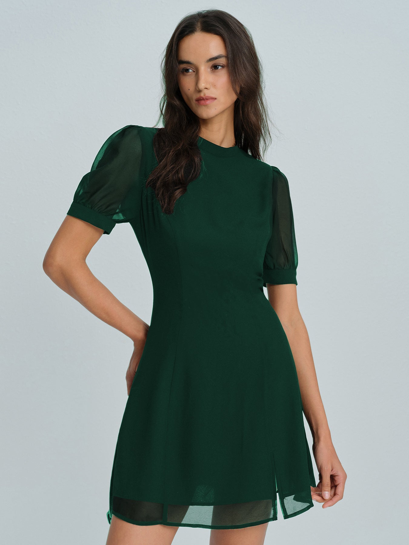 Green Chiffon Mock Neck Mini Dress