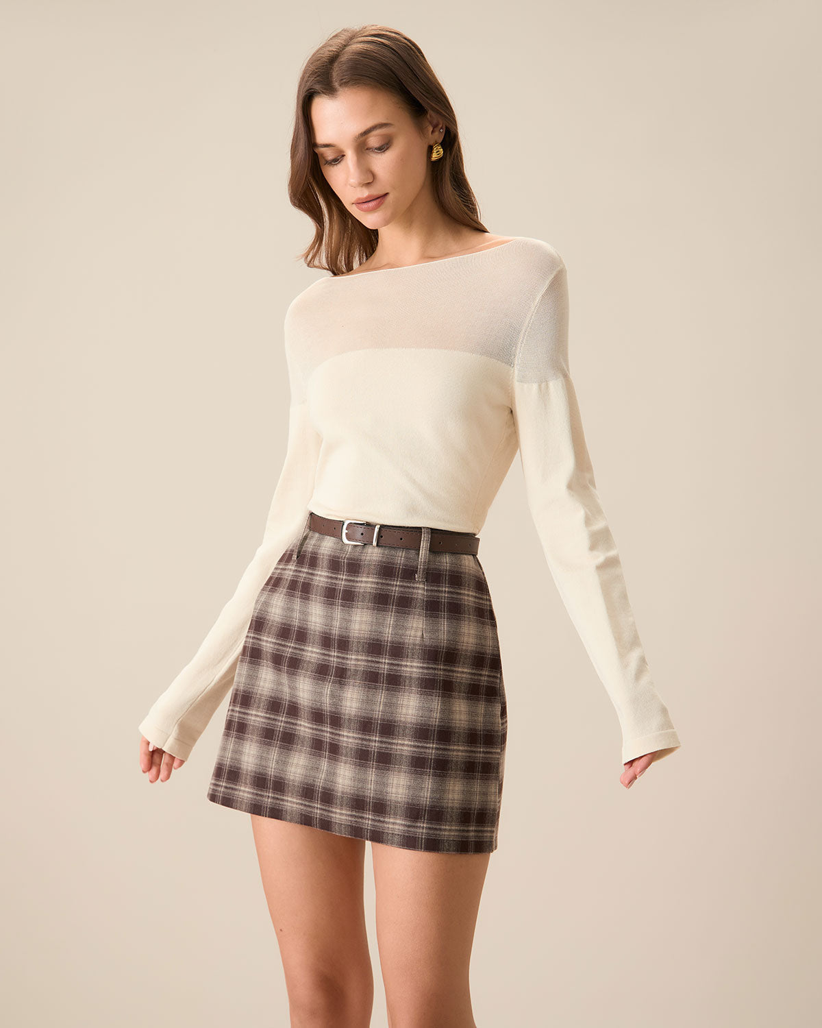 Minifalda recta a cuadros marrón