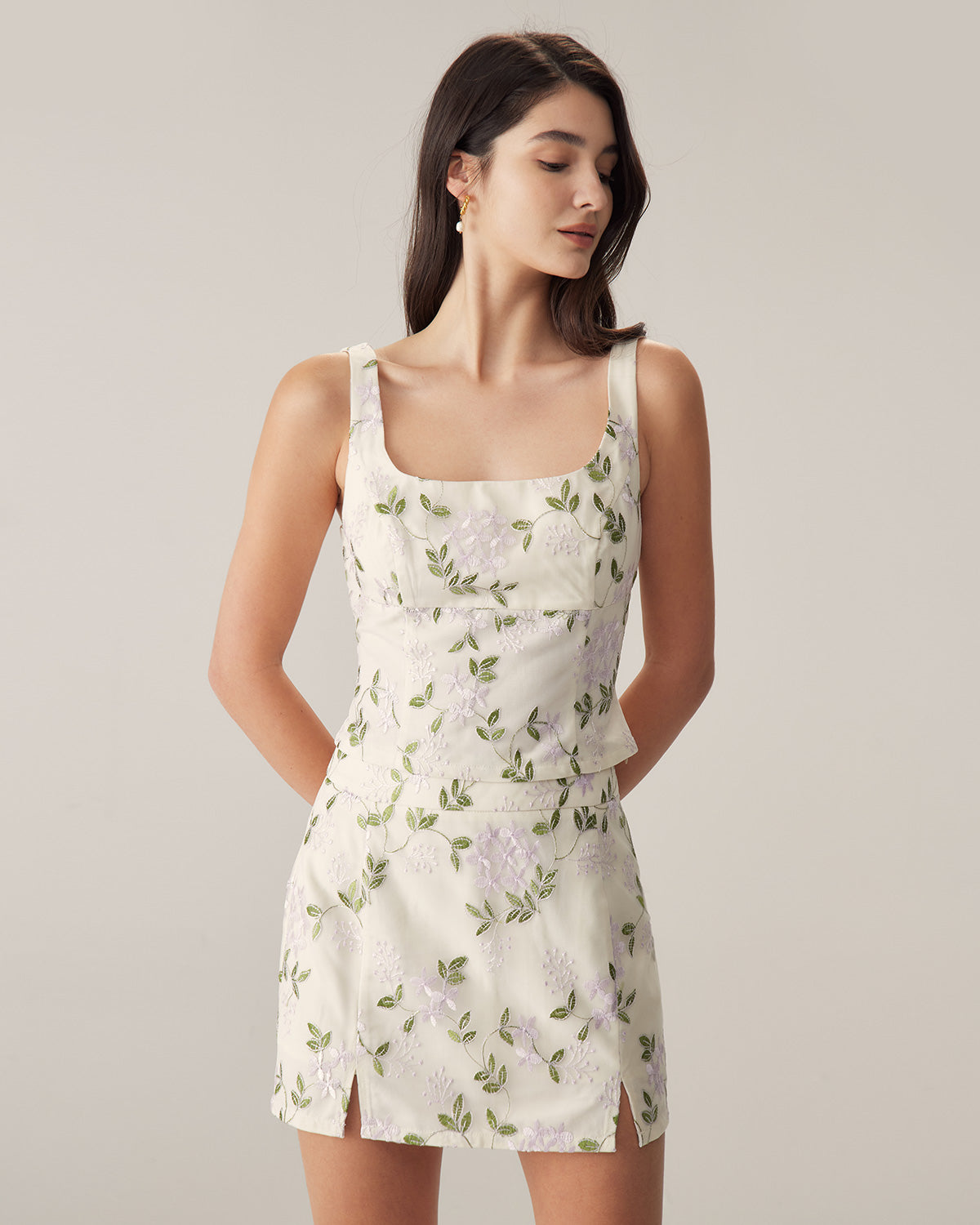 Minifalda recta floral beige