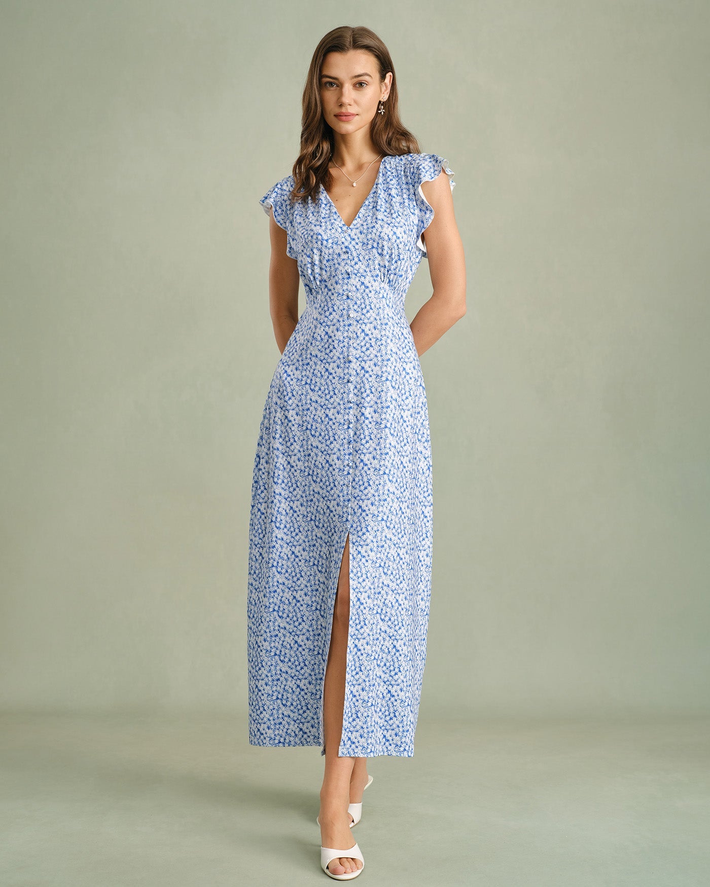 Blue V Neck Tie Floral Maxi Dress
