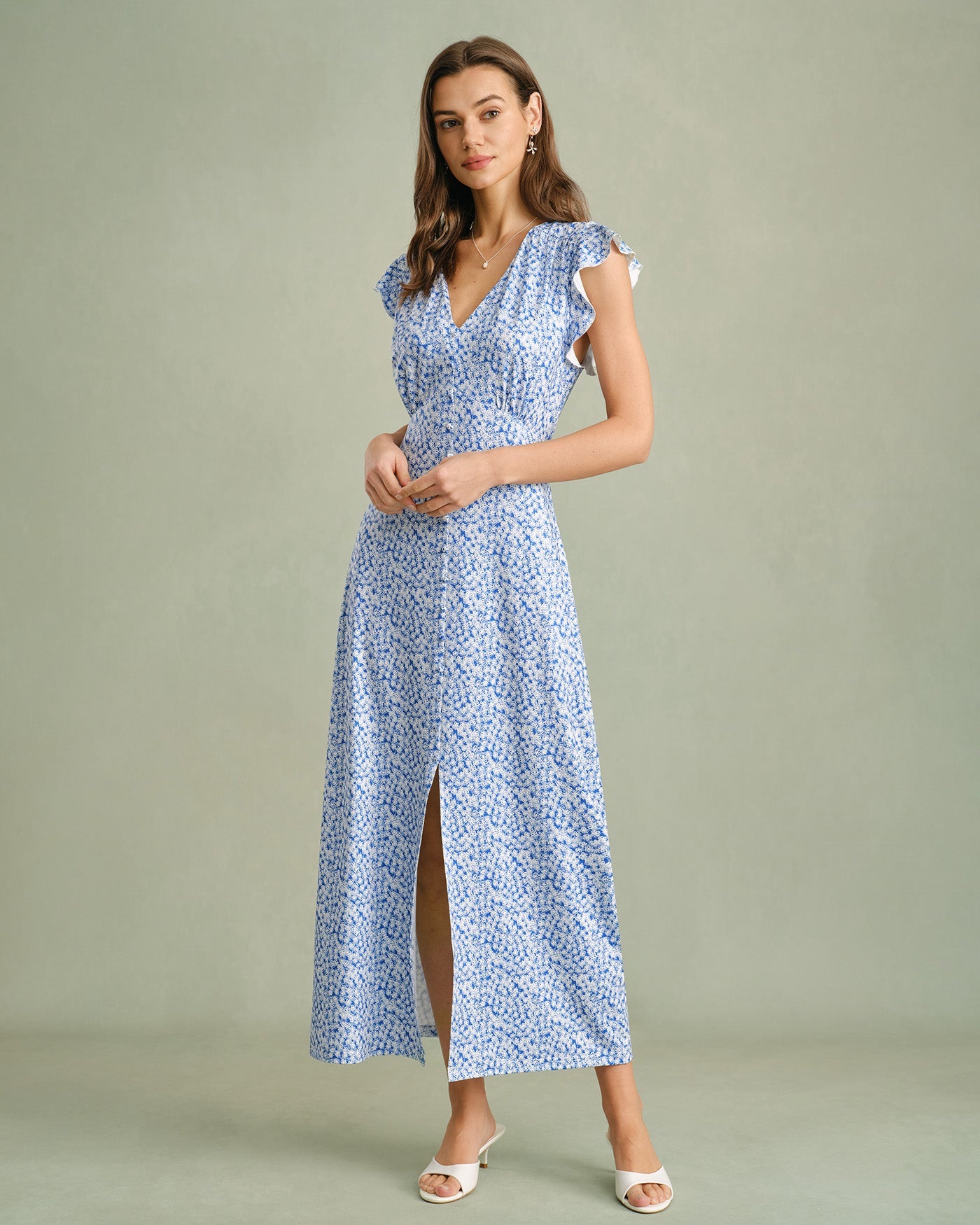 Blue V Neck Tie Floral Maxi Dress
