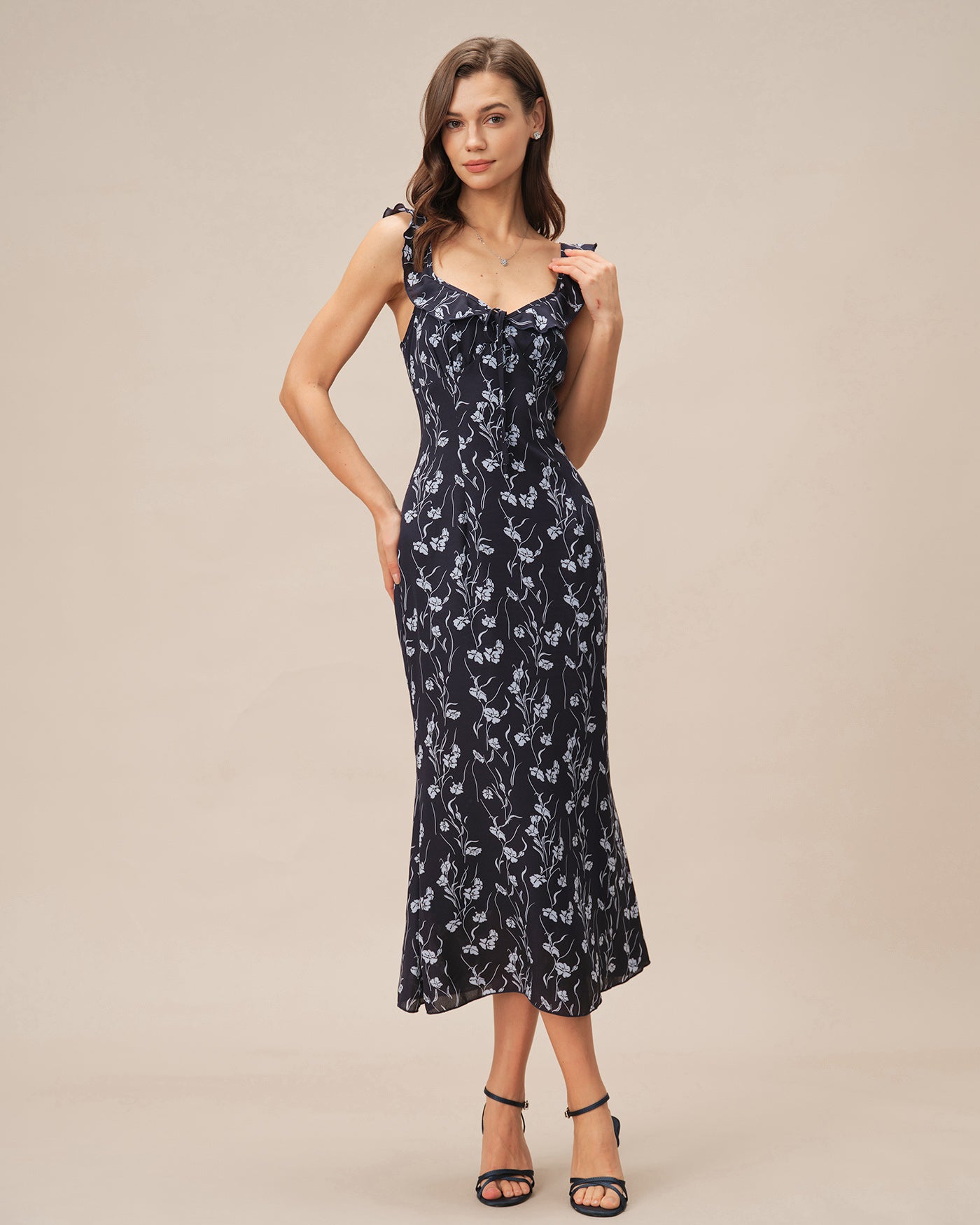 Blue Floral Slip A-Line Midi Dress
