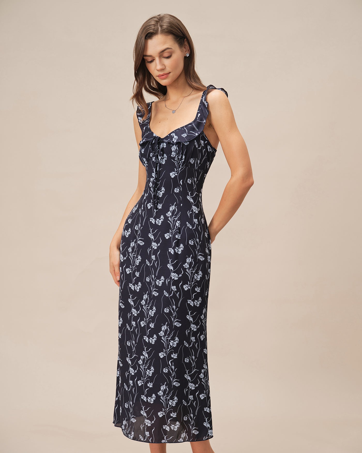 Blue Floral Slip A-Line Midi Dress