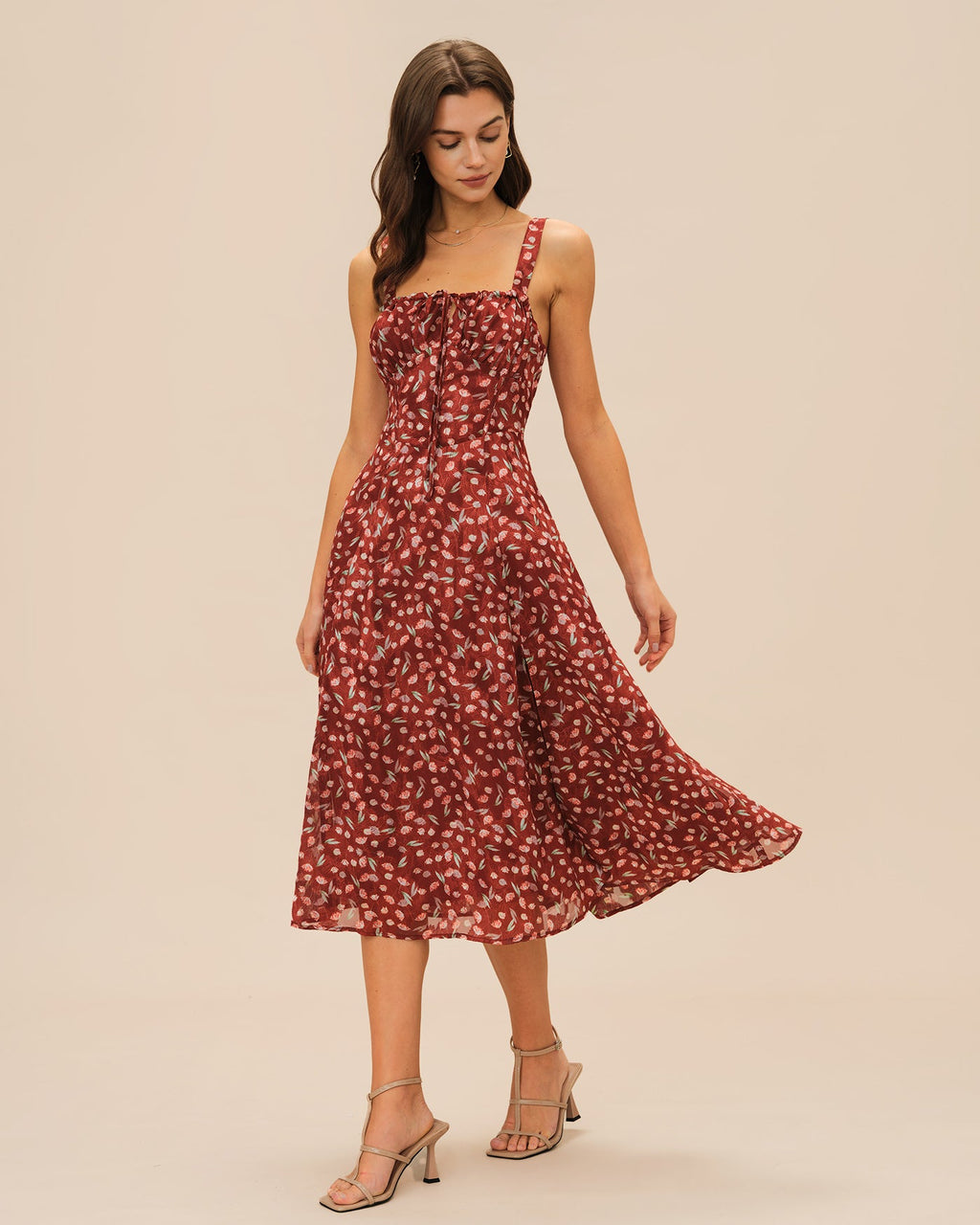 Vestido lencero midi floral rojo vino